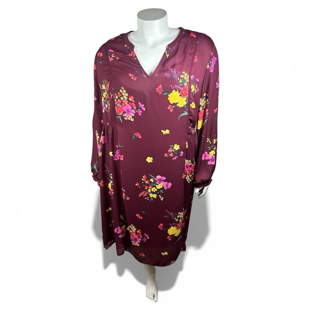 Plus Size Womens Dress 4X Burgundy Swing Midi Long Sleeve Floral Feminine Casual